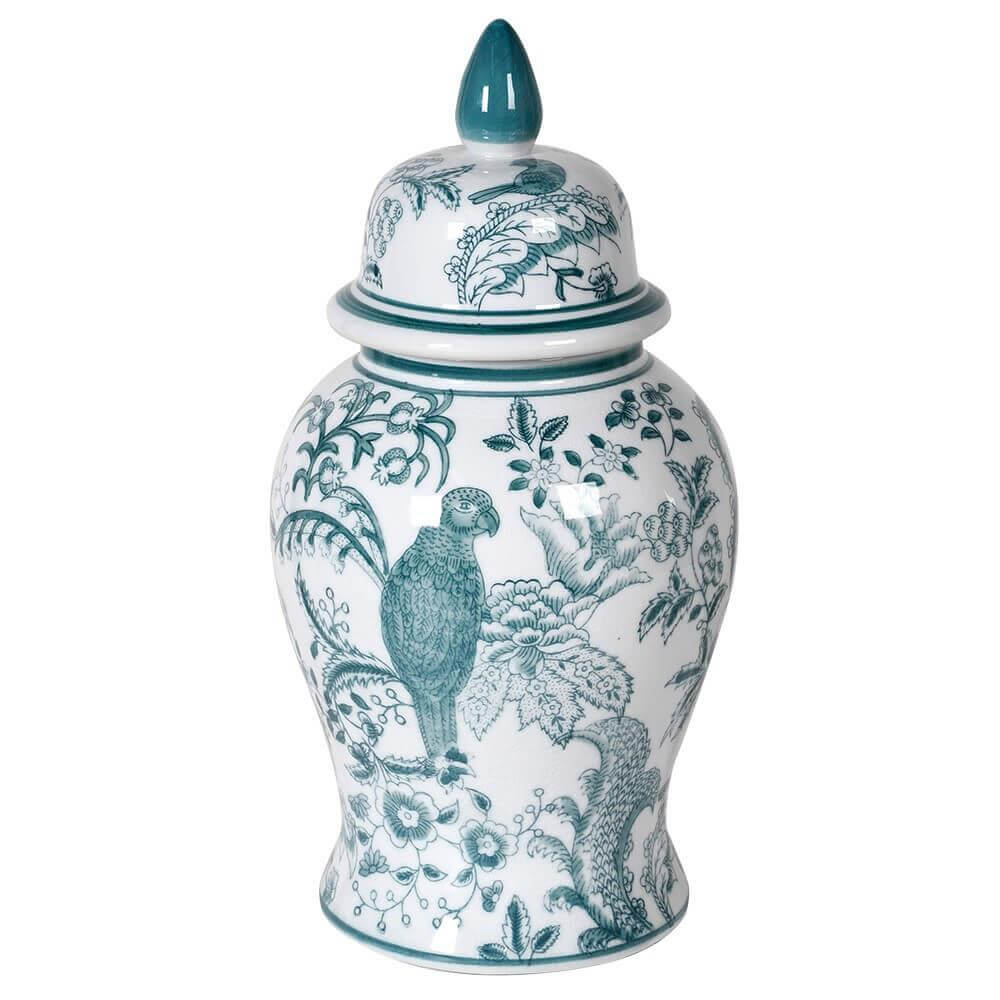 Teal Green Parrot Ceramic Temple Jar